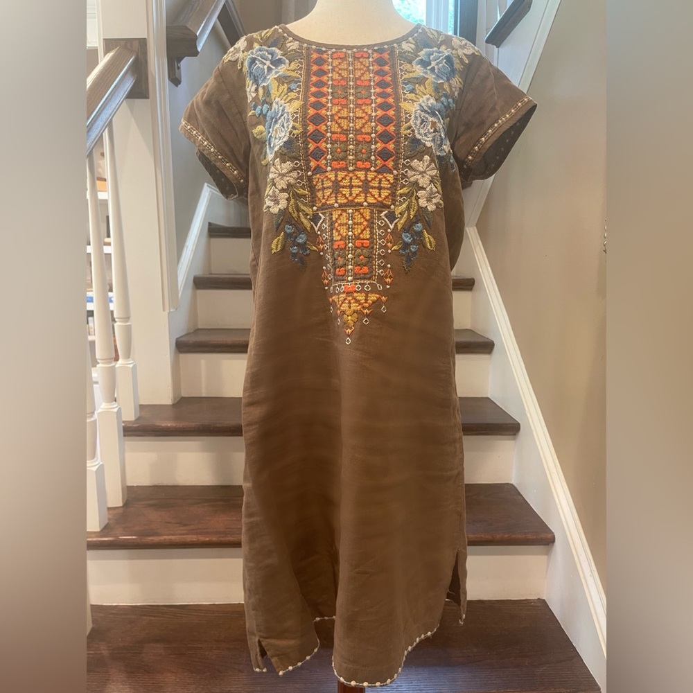Johnny Was olive linen shift dress